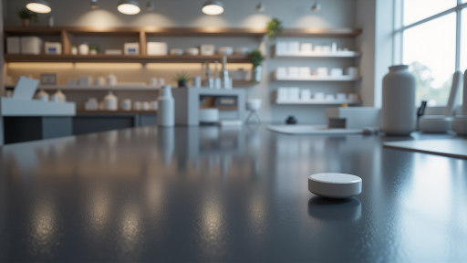 Beacon方案信标设备图，展示小型圆形信标外观，适用于商场导览和仓储管理等室内定位场景