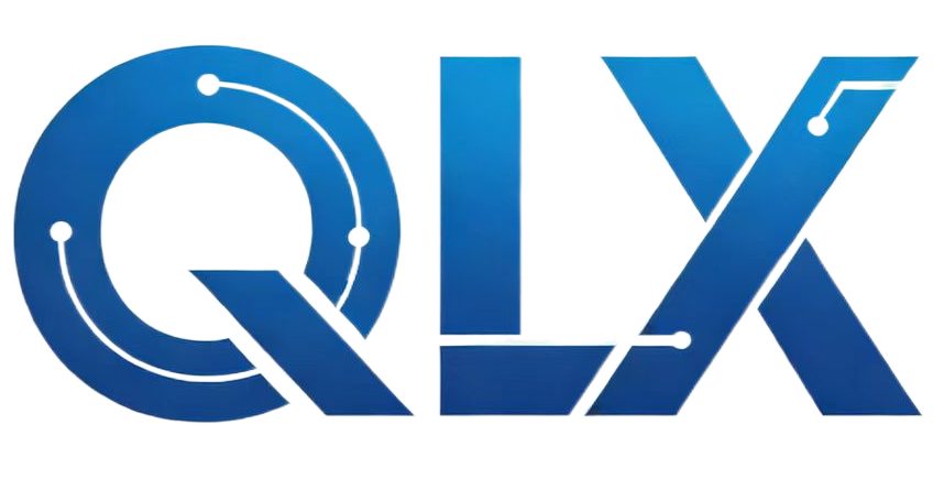 深圳启辰蓝芯技术有限公司logo，深蓝色渐变背景，白色科技感字体设计，显示公司全称和英文缩写QCLX Tech